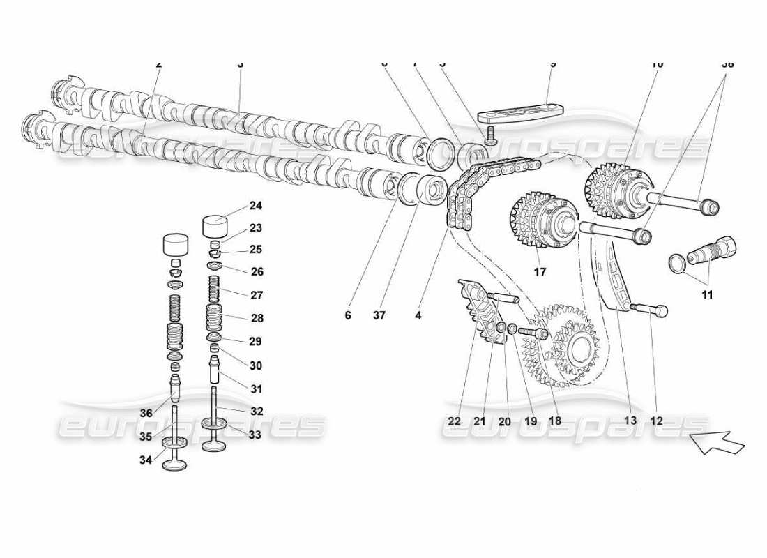 Lamborghini Murcielago LP670 Sistema de sincronización del cabezal izquierdo Diagrama de piezas