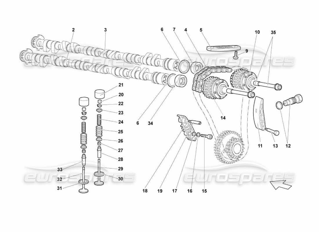 Lamborghini Murcielago LP670 Sistema de sincronización del cabezal derecho Diagrama de piezas