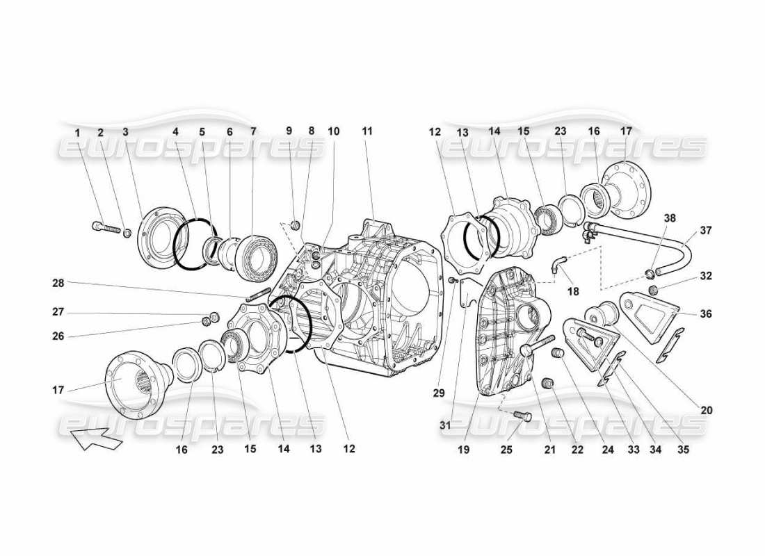 Lamborghini Murcielago LP670 Caja del diferencial trasero Diagrama de piezas