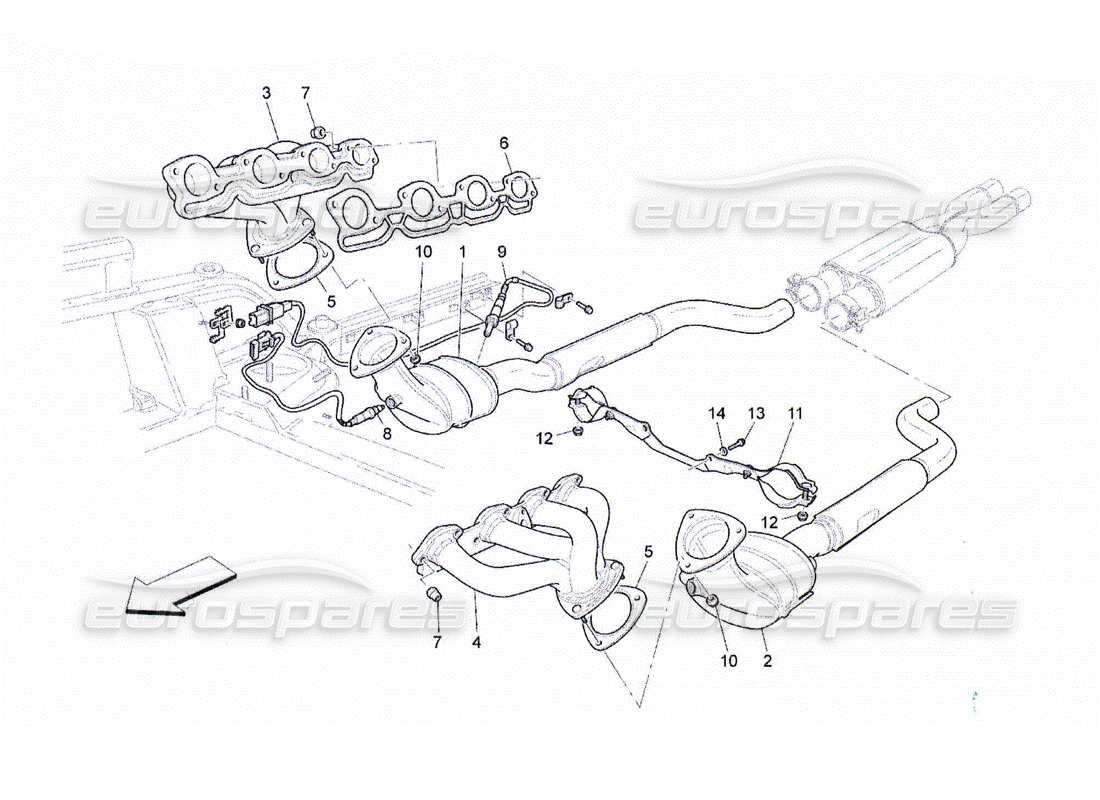 Maserati QTP. (2010) 4.2 Convertidores precatalíticos y convertidores catalíticos. Diagrama de piezas