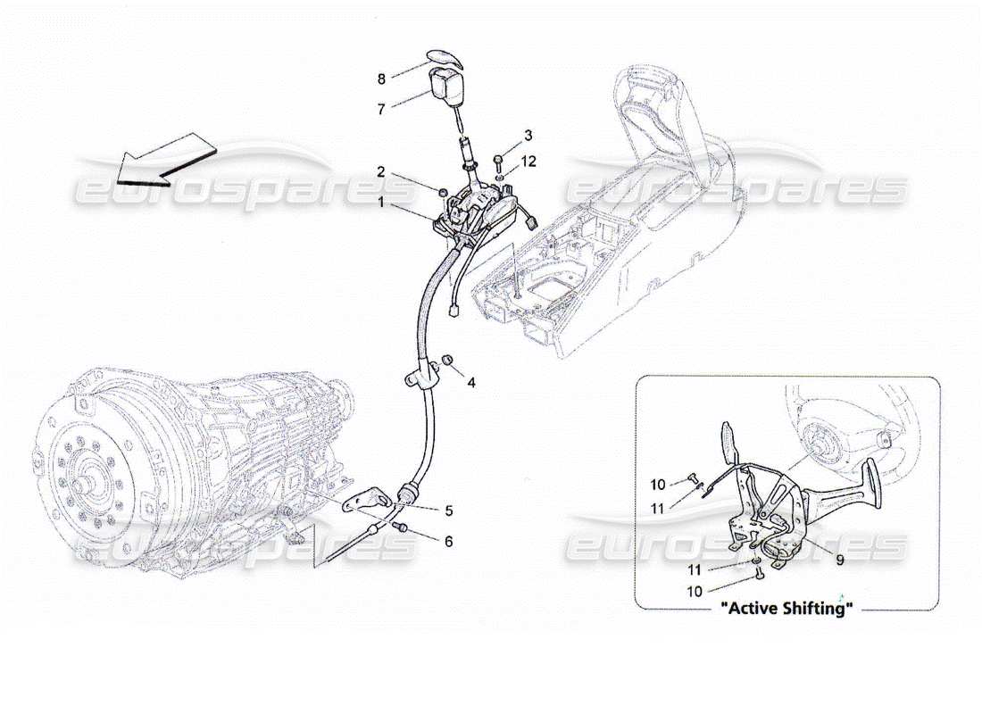 Maserati QTP. (2010) 4.2 Controles del conductor para caja de cambios automática. Diagrama de piezas