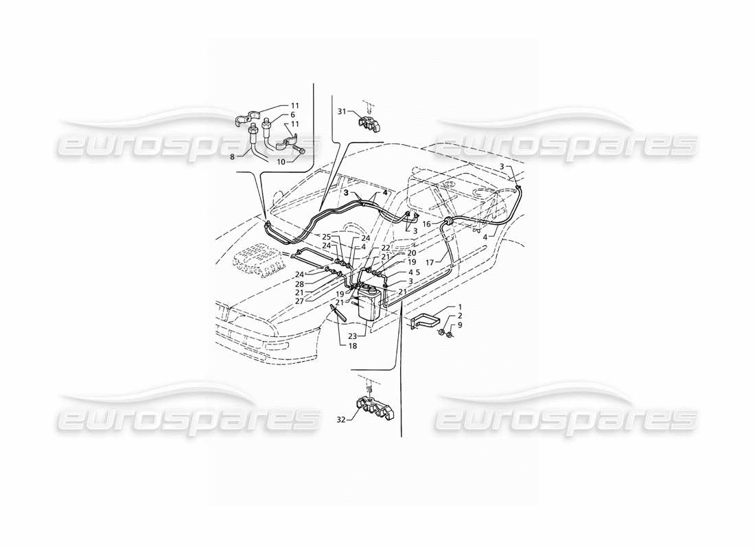 Maserati QTP V8 (1998) Diagrama de piezas del sistema de recuperación de vapores de evaporación y tuberías de combustible (LHD)