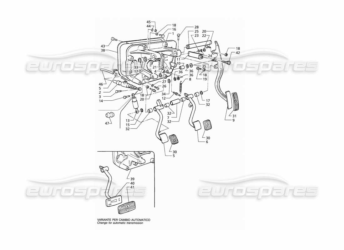 Maserati QTP V8 (1998) Diagrama de piezas del conjunto de pedal y Embrague bomba (RHD)