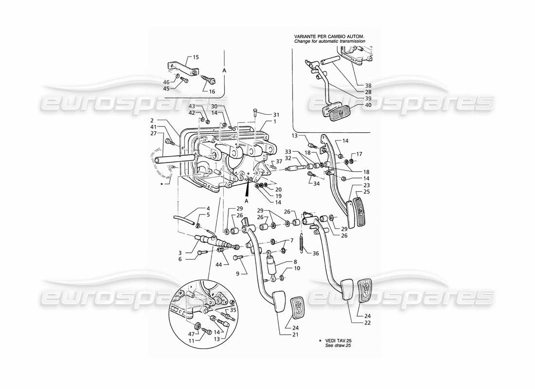 Maserati QTP V8 (1998) Diagrama de piezas del conjunto de pedal y Embrague bomba (LHD)