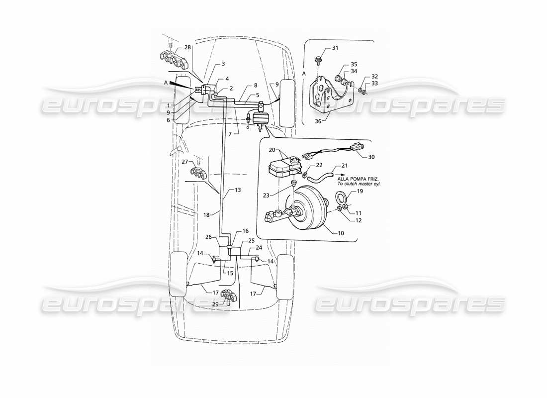 Maserati QTP V8 (1998) Diagrama de piezas de las líneas de freno hidráulico del ABS (RHD)