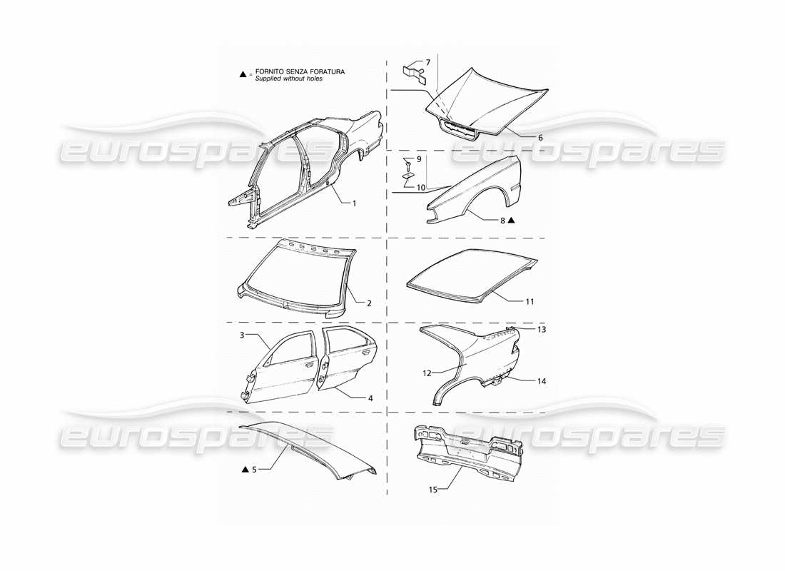 Maserati QTP V8 (1998) Carrocería: Diagrama de piezas de los paneles exteriores (LHD)