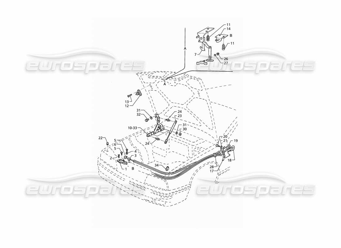 Maserati QTP V8 (1998) Capó: bisagras y liberación del capó Diagrama de piezas