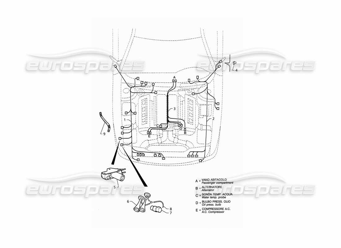 Maserati QTP V8 (1998) Sistema eléctrico: Diagrama de piezas del compartimento del motor (LHD)