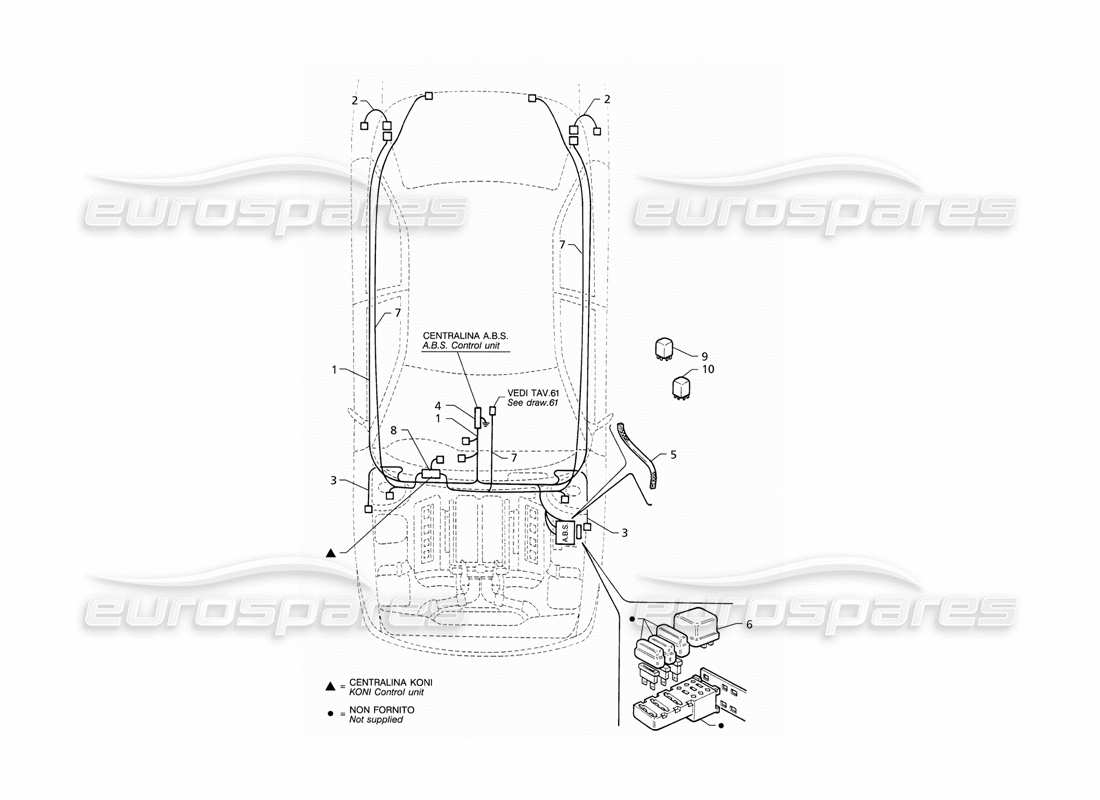 Maserati QTP V8 (1998) Sistema eléctrico: Diagrama de piezas del ABS y la suspensión 'Koni' (RHD)