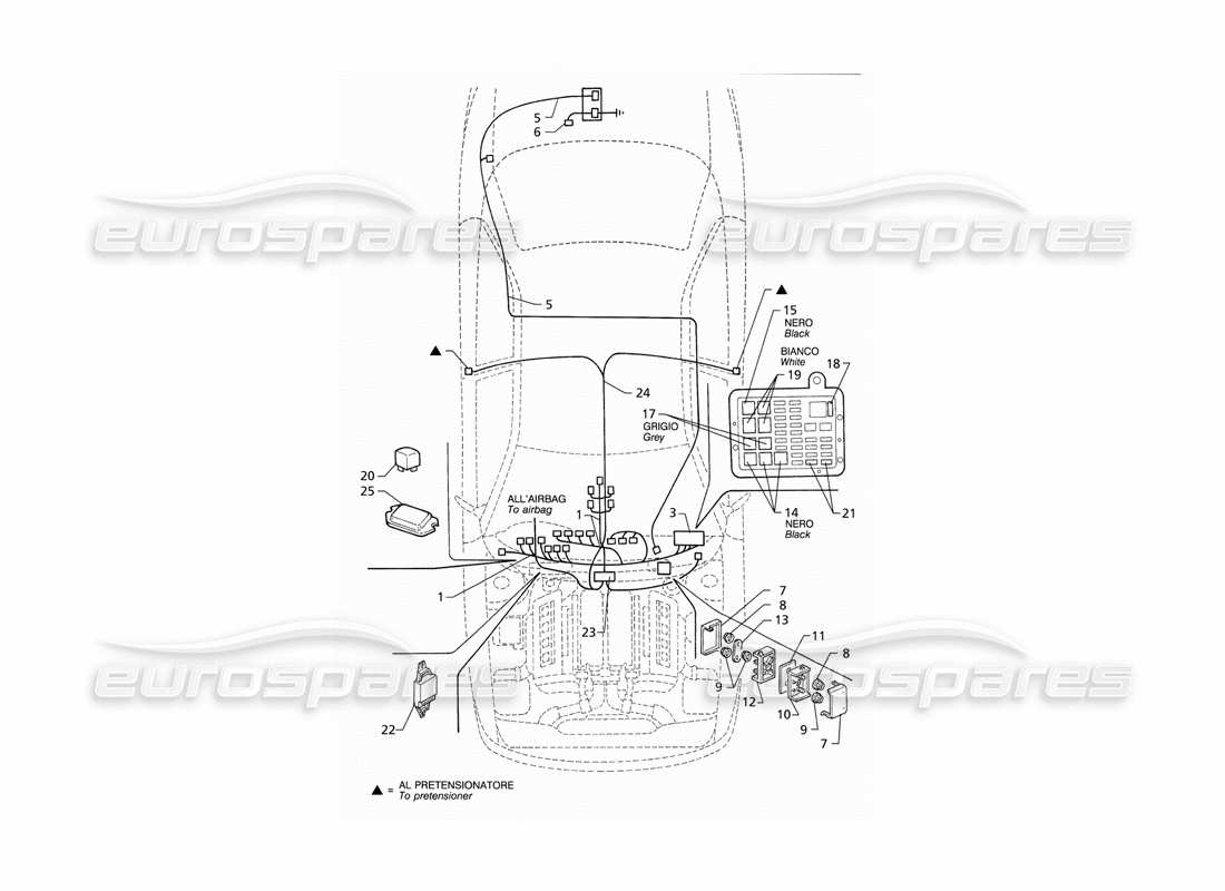 Maserati QTP V8 (1998) Sistema eléctrico: diagrama de piezas del tablero y de la batería (RHD)