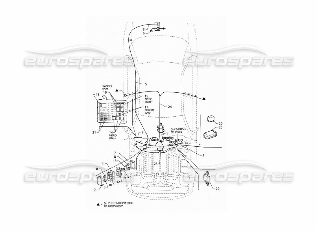 Maserati QTP V8 (1998) Sistema eléctrico: diagrama de piezas del tablero y de la batería (LHD)