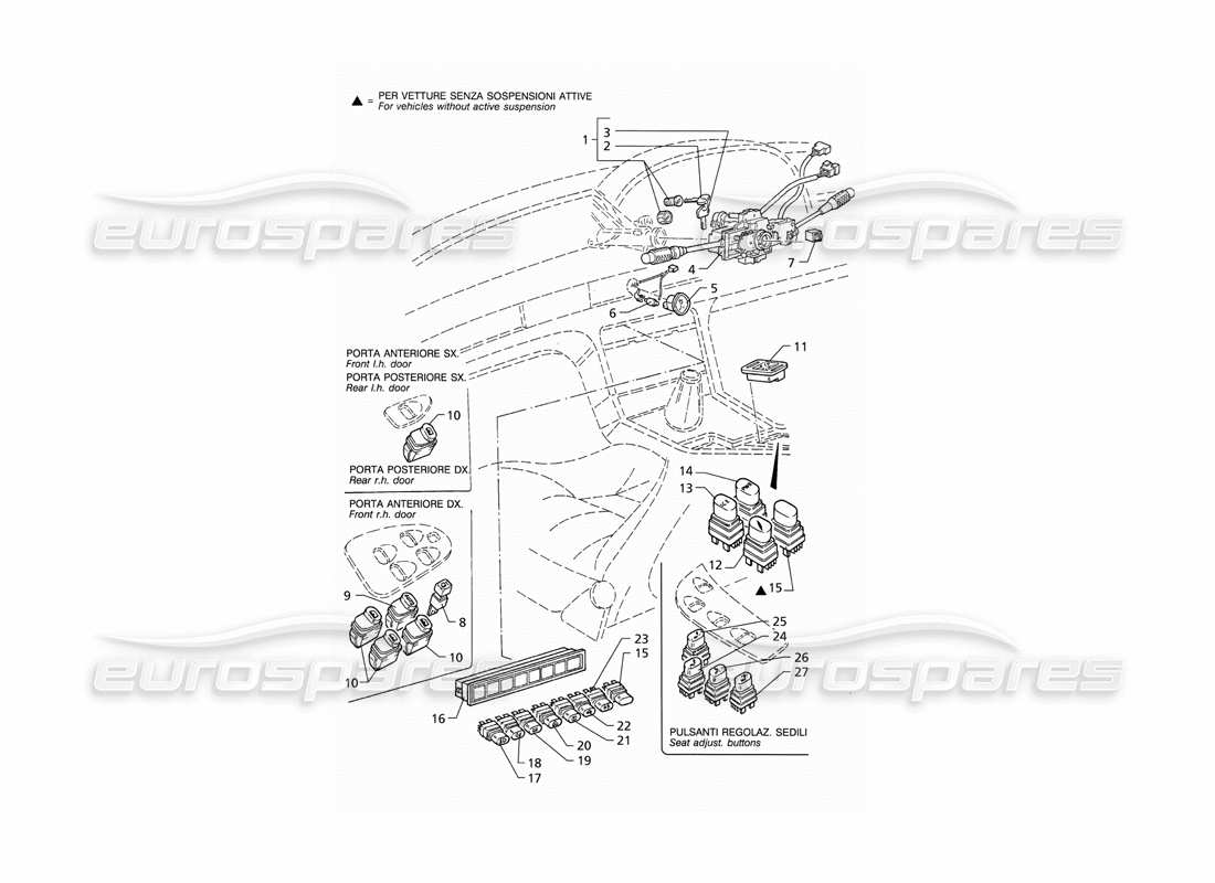 Maserati QTP V8 (1998) Diagrama de piezas de interruptores y bloqueo de dirección (RHD)