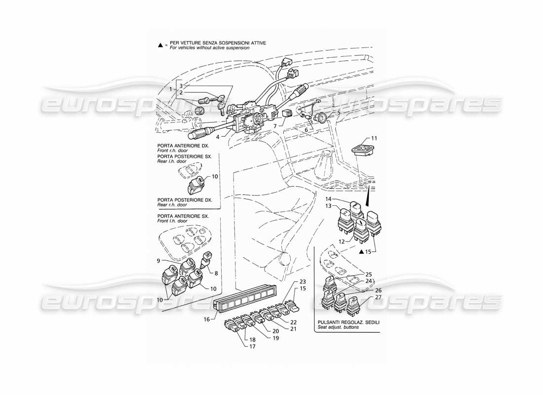 Maserati QTP V8 (1998) Diagrama de piezas de interruptores y bloqueo de dirección (LHD)