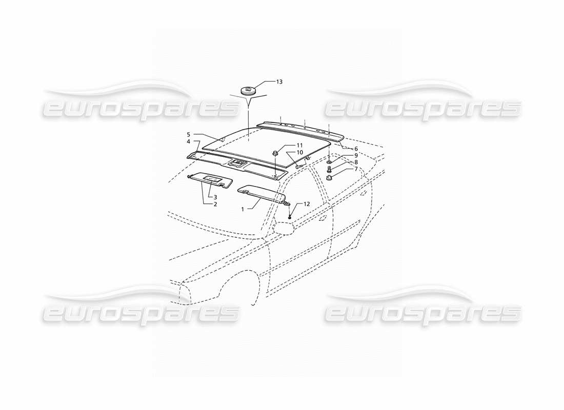 Maserati QTP V8 (1998) Molduras interiores: diagrama de piezas del techo (LHD)