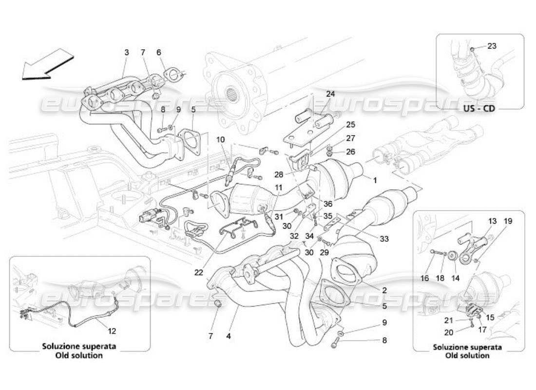 Maserati QTP. (2005) 4.2 Convertidores precatalíticos y convertidores catalíticos. Diagrama de piezas