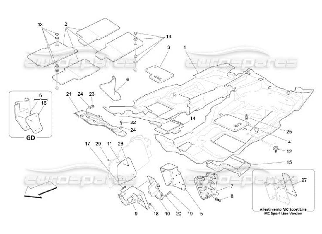 Maserati QTP. (2005) 4.2 alfombrillas del habitáculo Diagrama de piezas