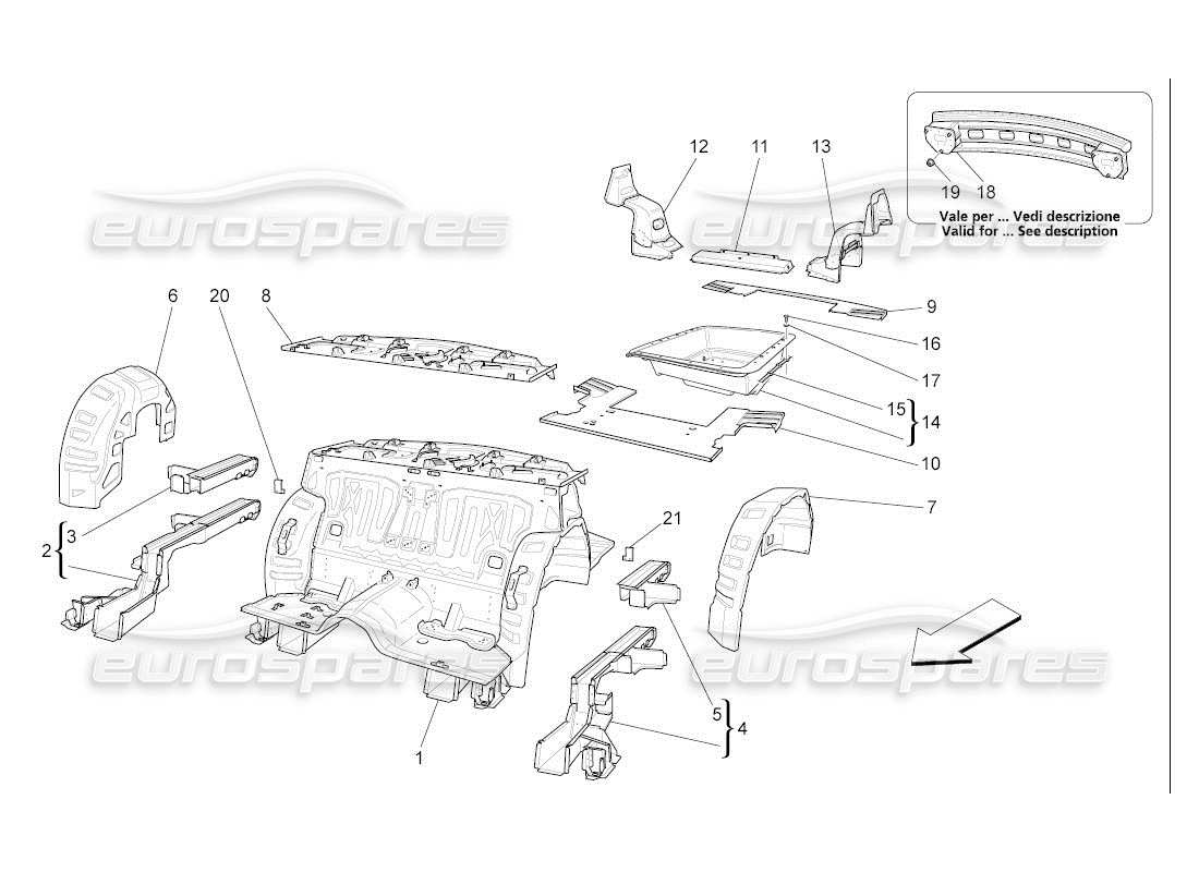 Maserati QTP. (2007) 4.2 auto MARCOS ESTRUCTURALES TRASEROS Y PANELES DE CHAPA Diagrama de piezas