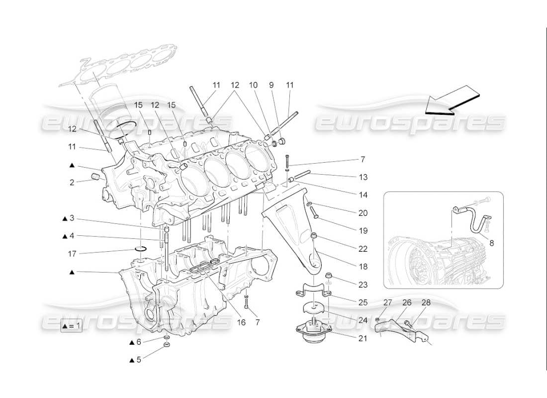 Maserati QTP. (2010) 4.7 auto CRANKCASE Diagrama de piezas