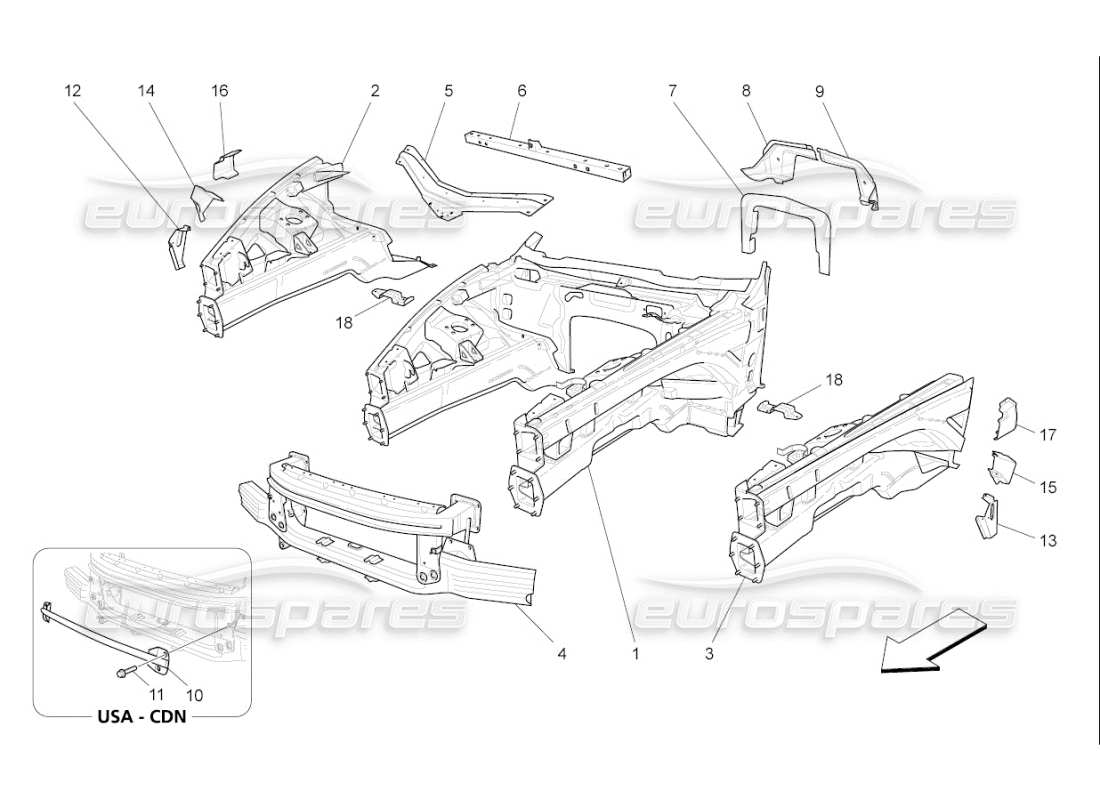 Maserati QTP. (2010) 4.7 auto MARCOS ESTRUCTURALES FRONTALES Y PANELES DE CHAPA Diagrama de piezas