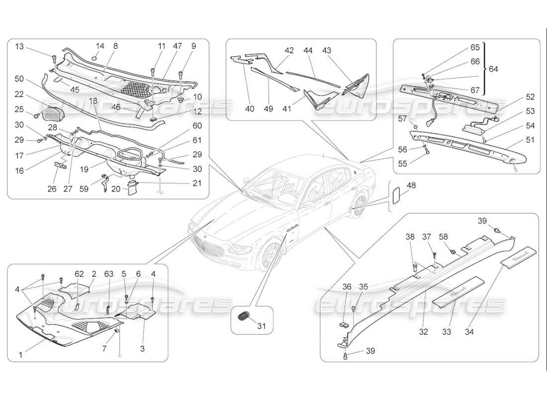 Maserati QTP. (2010) 4.7 auto PROTECTORES, EMBELLECEDORES Y PANELES DE COBERTURA Diagrama de piezas