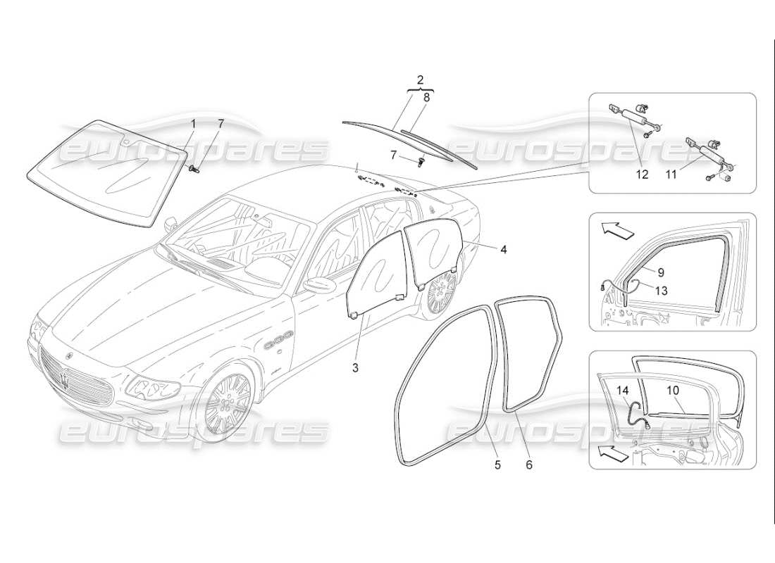 Maserati QTP. (2010) 4.7 auto VENTANAS Y BANDAS DE VENTANAS Diagrama de piezas