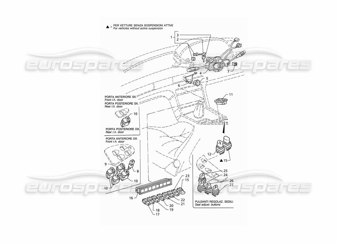 Maserati QTP V6 (1996) Diagrama de piezas de interruptores y bloqueo de dirección (RHD)