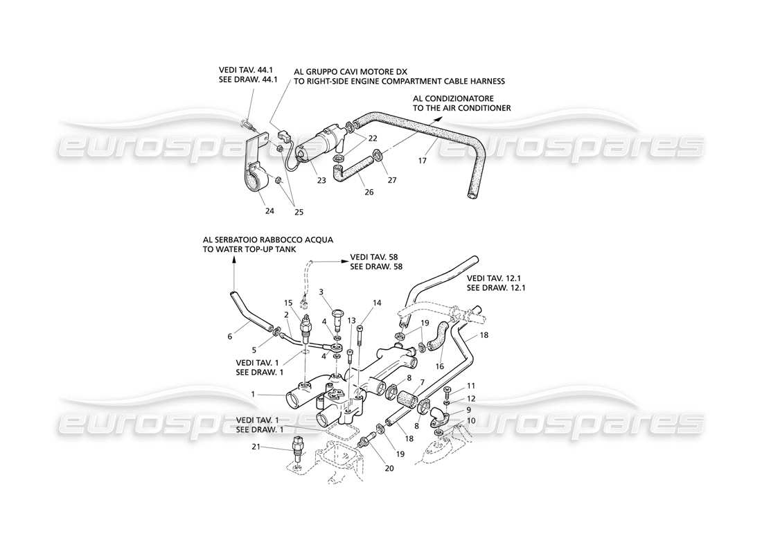Maserati QTP V8 Evoluzione Diagrama de piezas de refrigeración del motor, calefacción de la cabina (transmisión izquierda)