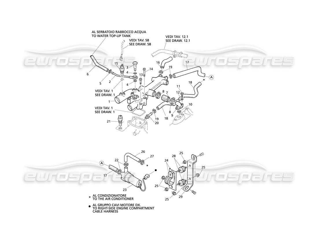 Maserati QTP V8 Evoluzione Diagrama de piezas de calefacción de cabina de refrigeración del motor (transmisión derecha)