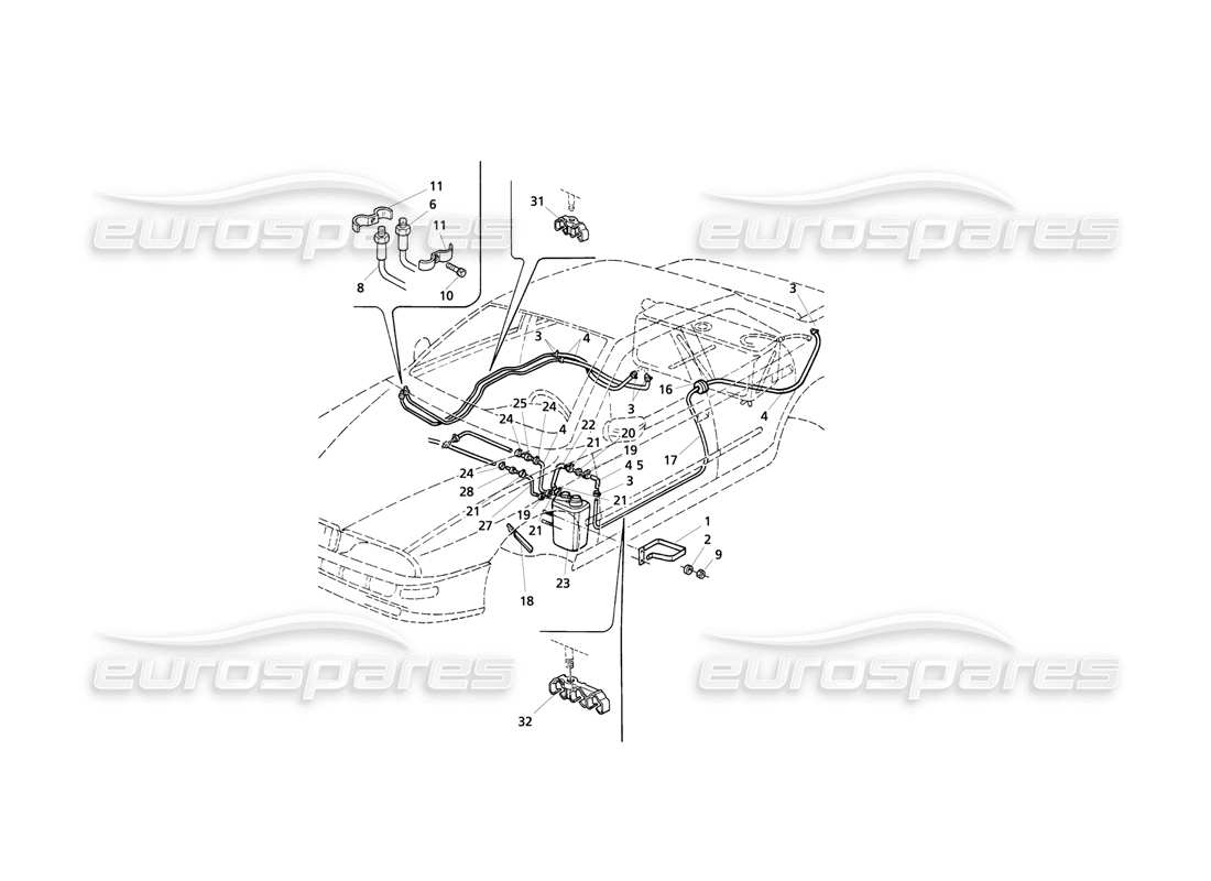 Maserati QTP V8 Evoluzione Evaporador. Sistema de Recuperación de Vapores y Tuberías de Combustible Diagrama de piezas