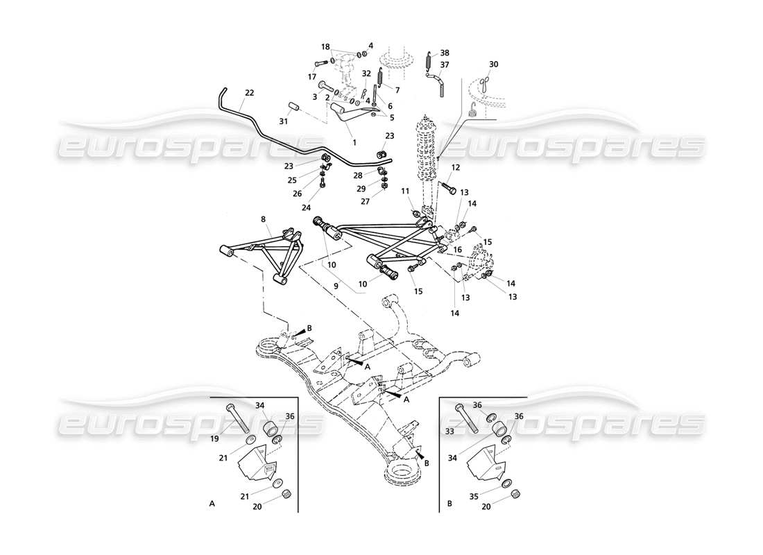 Maserati QTP V8 Evoluzione Suspensión trasera y barra estabilizadora Diagrama de piezas
