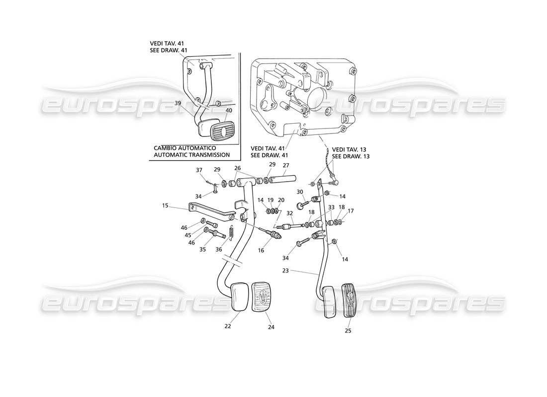 Maserati QTP V8 Evoluzione Diagrama de piezas de los pedales de freno y acelerador (transmisión izquierda)