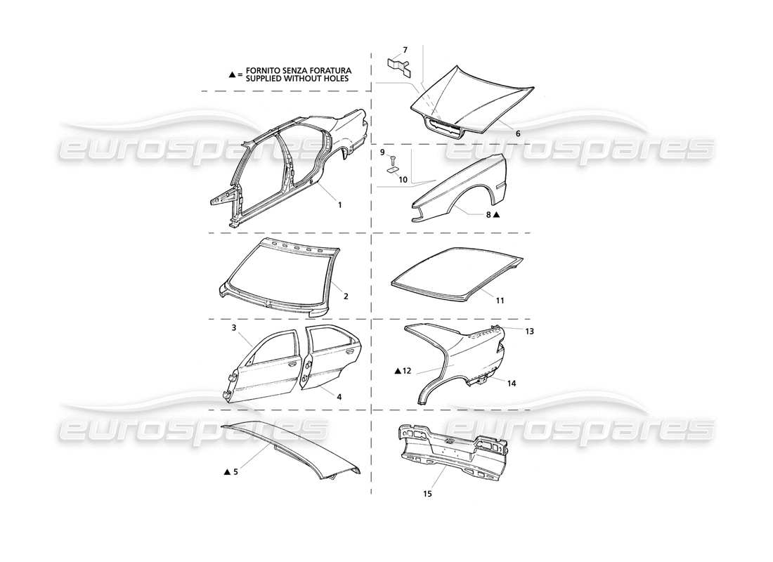 Maserati QTP V8 Evoluzione Carrocería: panel frontal y pasos de rueda interiores Diagrama de piezas
