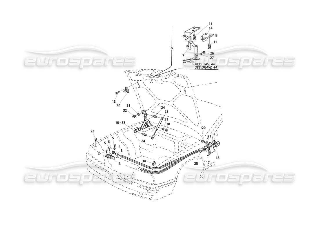 Maserati QTP V8 Evoluzione Capó: bisagras y liberación del capó Diagrama de piezas