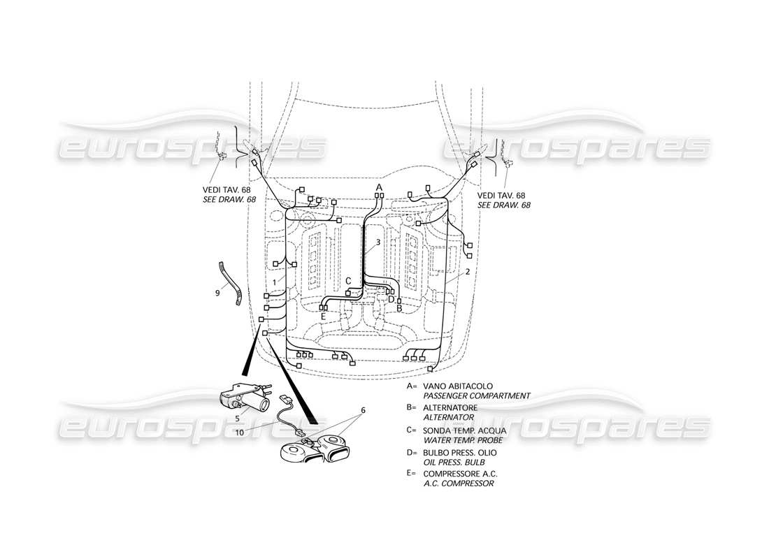 Maserati QTP V8 Evoluzione Sistema eléctrico: diagrama de piezas del compartimento del motor (transmisión izquierda)