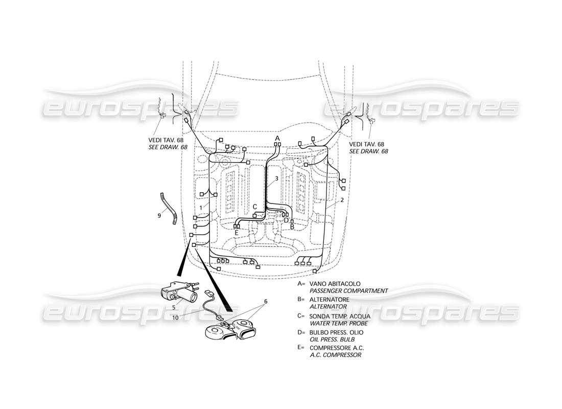 Maserati QTP V8 Evoluzione Sistema eléctrico: diagrama de piezas del compartimento del motor (transmisión derecha)