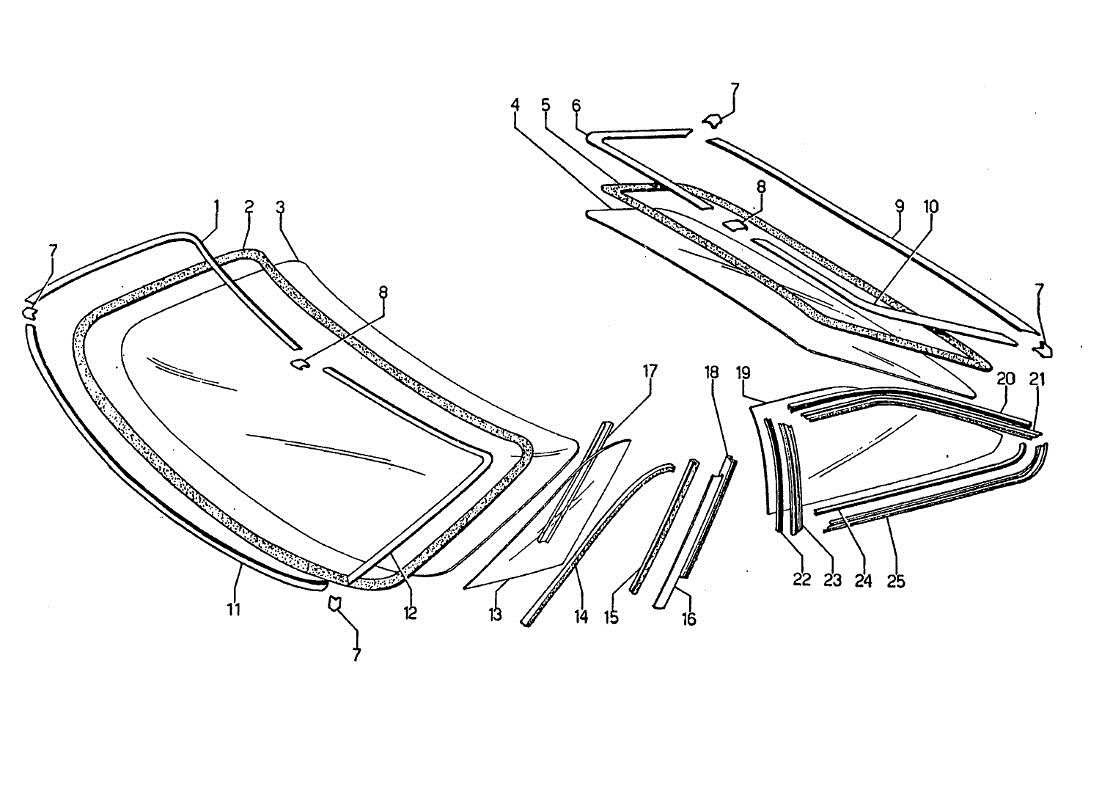 Lamborghini Jarama Vidrios de parabrisas laterales y traseros Diagrama de piezas