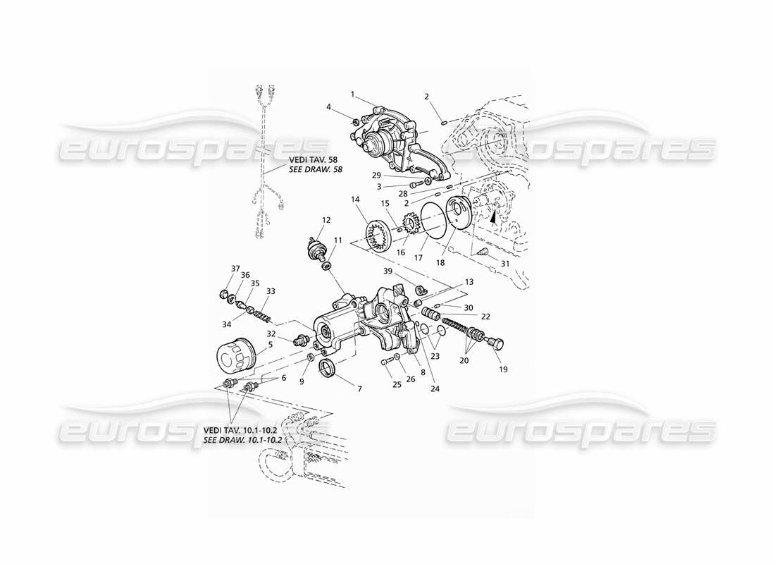 Maserati QTP V6 Evoluzione Bomba de aceite y bomba de agua Diagrama de piezas
