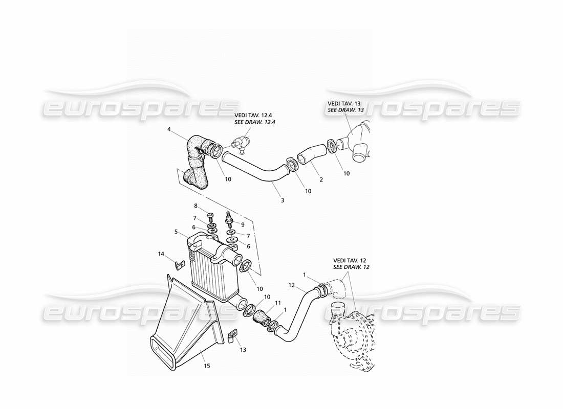 Maserati QTP V6 Evoluzione Diagrama de piezas del lado derecho de las tuberías del intercambiador de calor