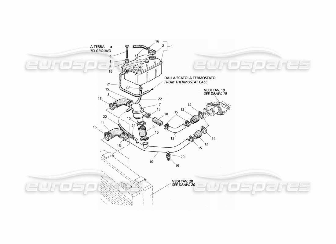 Maserati QTP V6 Evoluzione Sistema de refrigeración del motor y termostato Diagrama de piezas