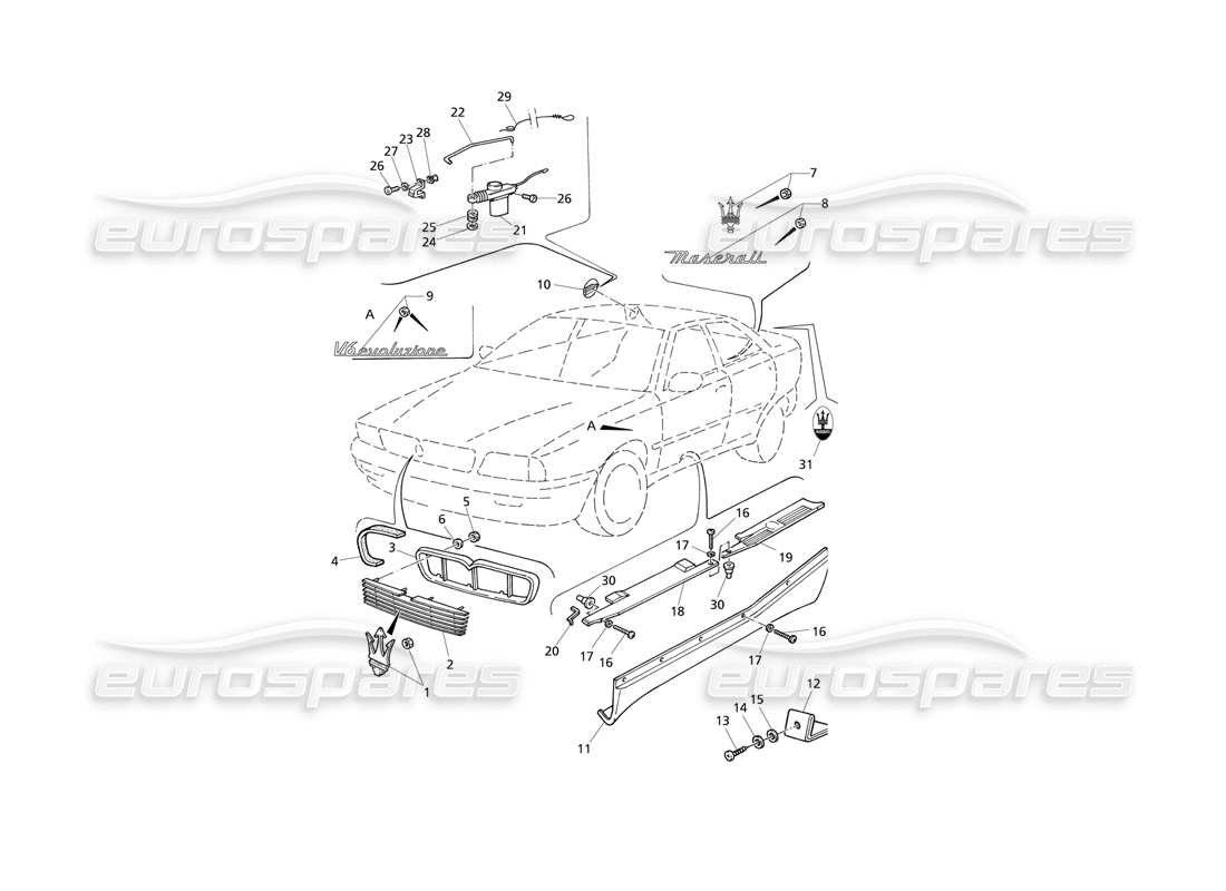 Maserati QTP V6 Evoluzione Insignias de acabado externo Diagrama de piezas