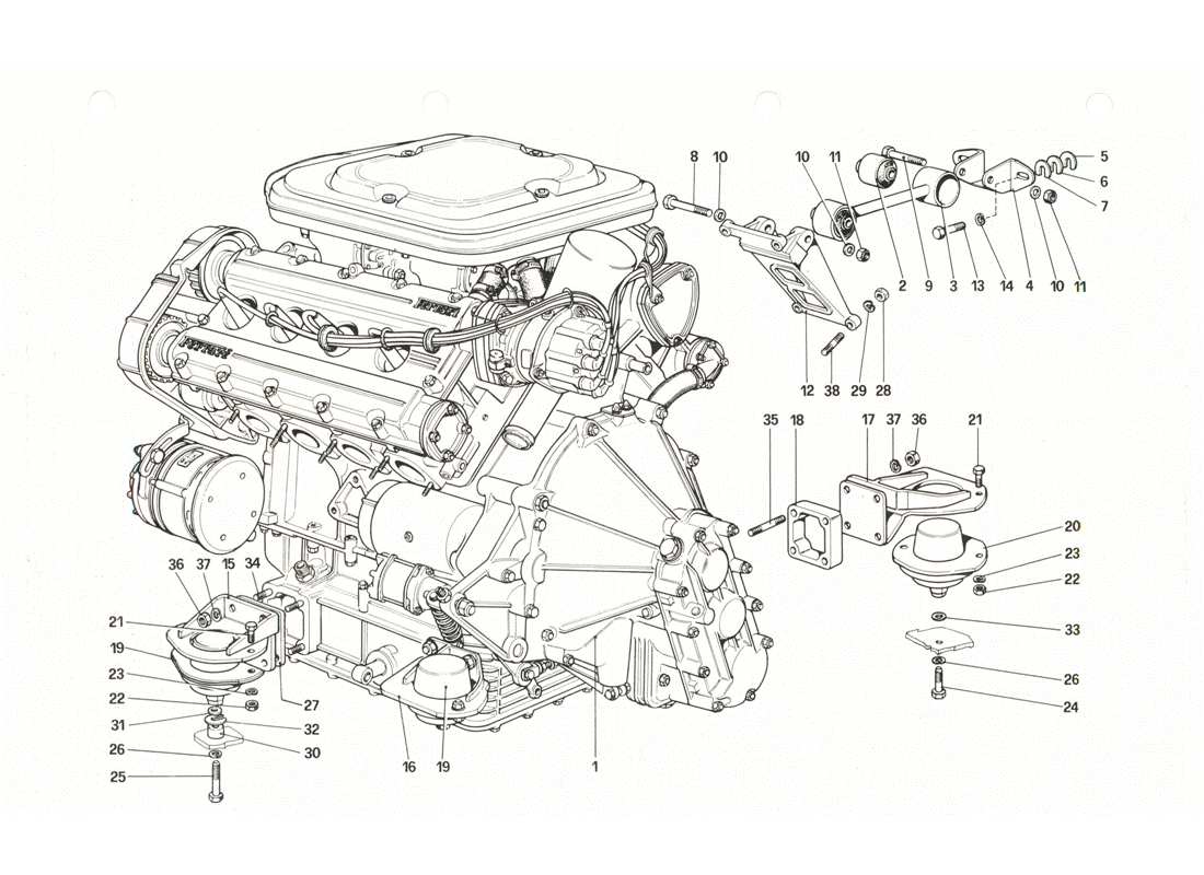 Ferrari 208 GTB GTS Motor - Caja de cambios y soportes Diagrama de piezas