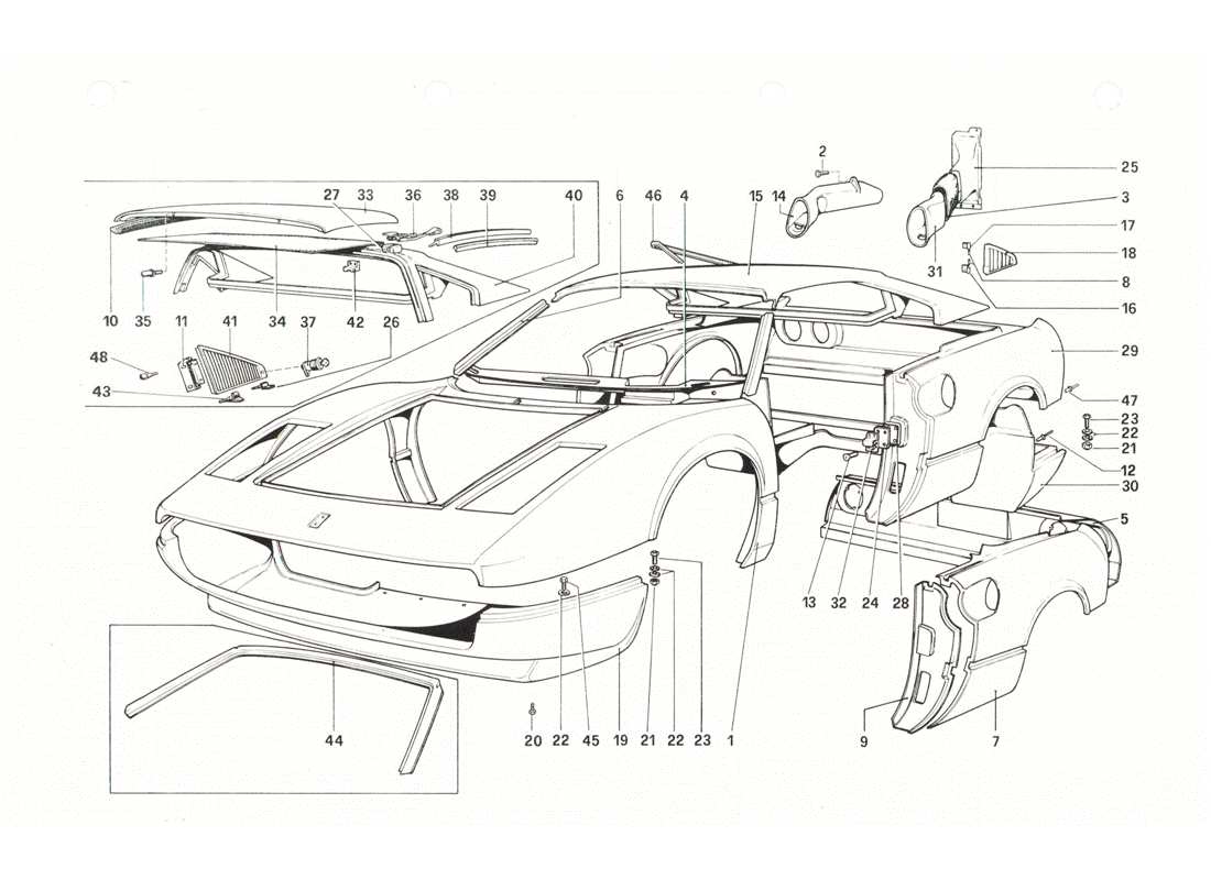 Ferrari 208 GTB GTS Carrocería - Elementos exteriores Diagrama de piezas