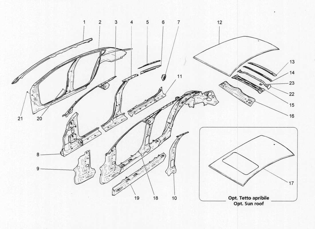 Maserati QTP. V6 3.0 BT 410bhp 2015 CARROCERÍA Y PANELES EXTERIORES CENTRALES Diagrama de piezas
