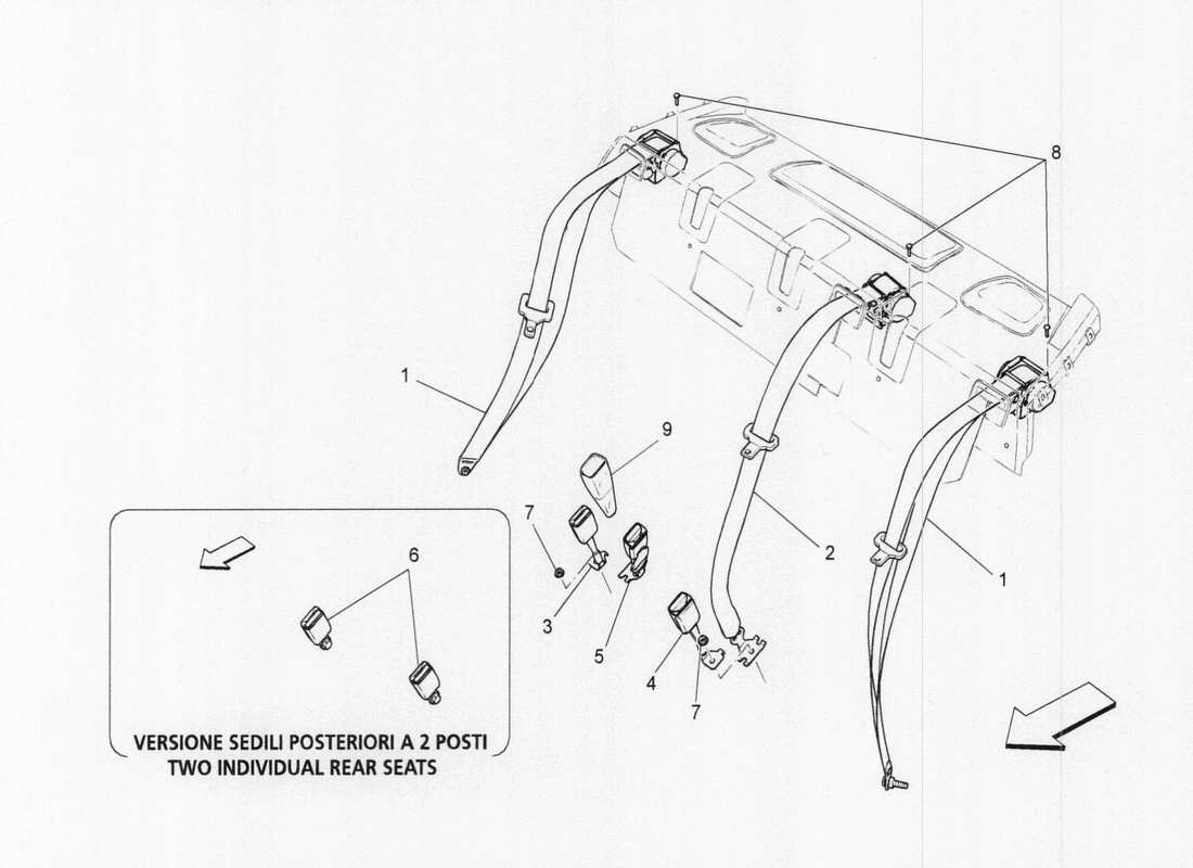 Maserati QTP. V6 3.0 TDS 275bhp 2017 Cinturones de seguridad traseros Diagrama de piezas