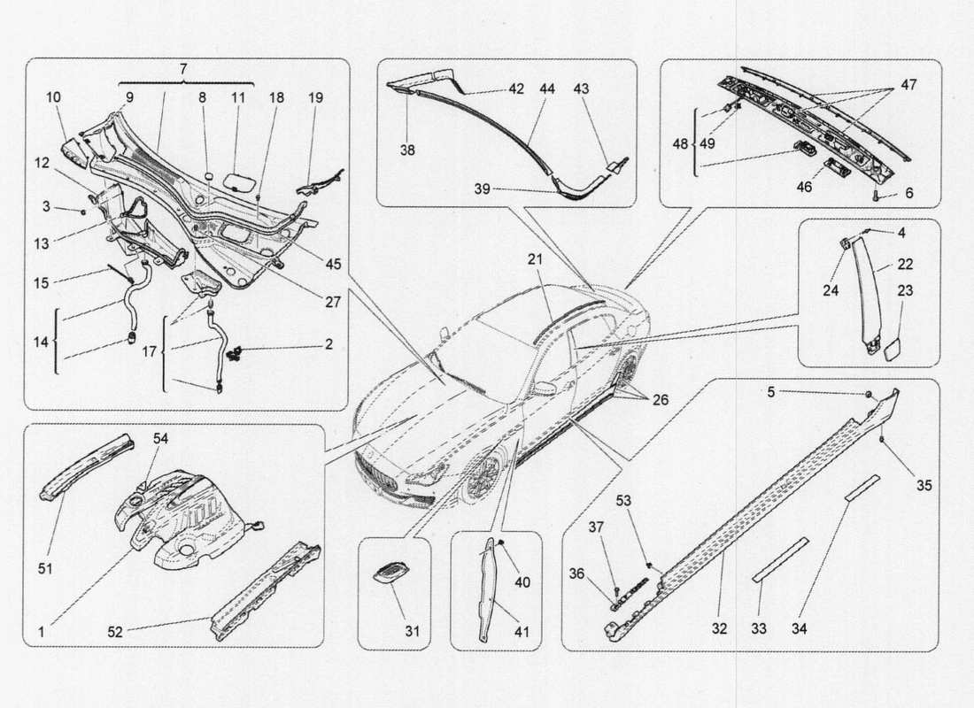 Maserati QTP. V6 3.0 TDS 275bhp 2017 PROTECTORES, EMBELLECEDORES Y PANELES DE COBERTURA Diagrama de piezas