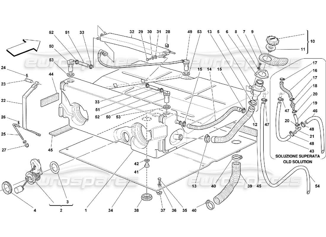 Ferrari 550 Maranello Tanque de combustible: no para EE. UU. MY 99, EE. UU. MY 2000, CDN MY 99 y CDN MY 2000 Diagrama de piezas
