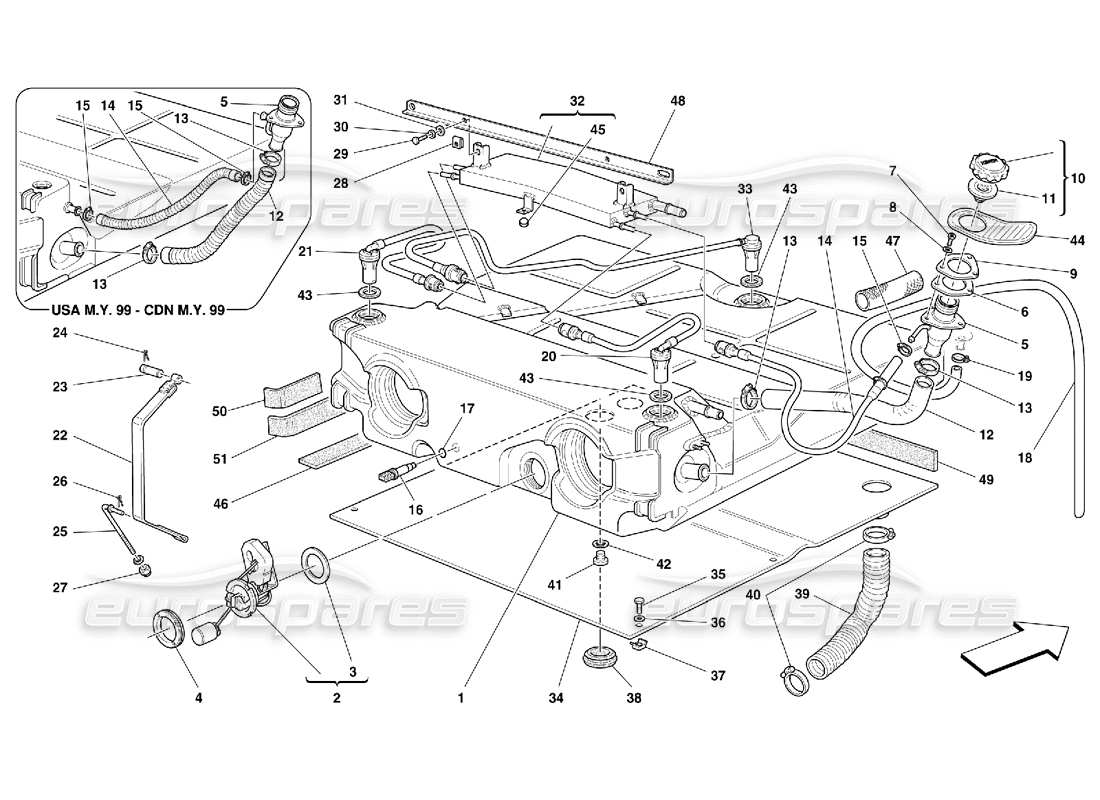 Ferrari 550 Maranello Tanque de combustible: válido para EE. UU. MY 99, EE. UU. MY 2000, CDN MY 99 y CDN MY 2000 Diagrama de piezas