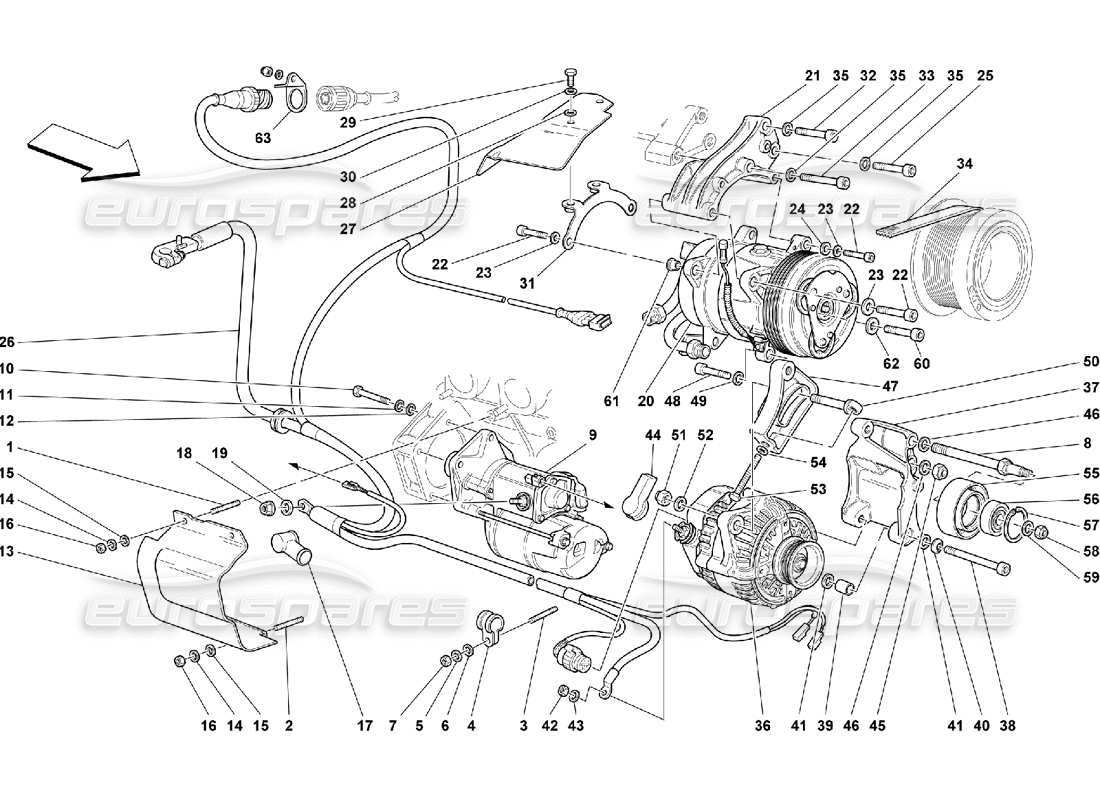 Ferrari 550 Maranello Motor de arranque del alternador y compresor de CA Diagrama de piezas