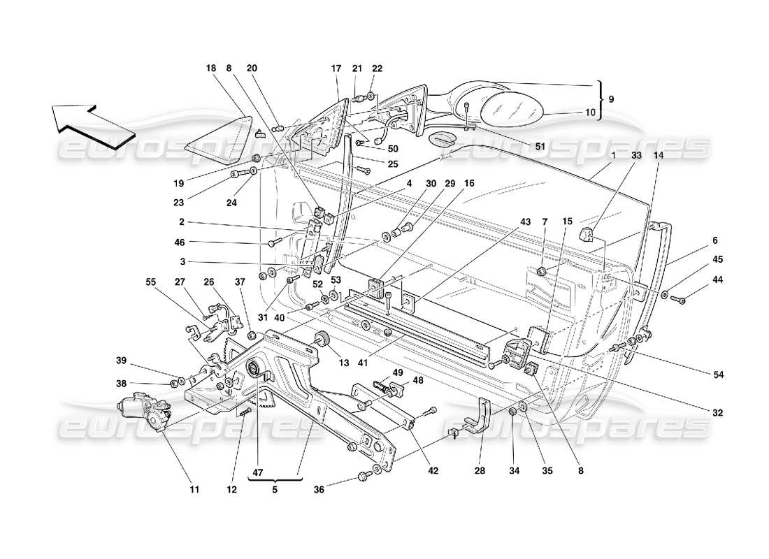 Ferrari 550 Maranello Puertas: ventana eléctrica y espejo retrovisor Diagrama de piezas