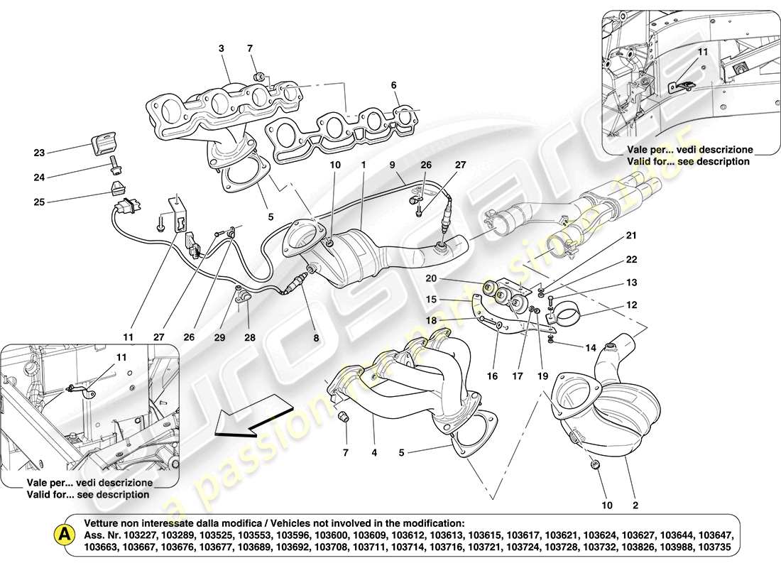 Ferrari California (Europa) Convertidores precatalíticos y convertidores catalíticos. Diagrama de piezas